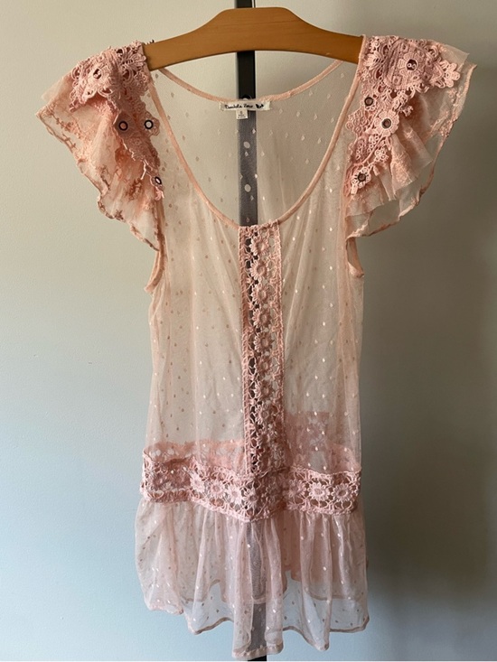 Double Zero Tops - Double Zero Lace Crochet Pink Cotton Swiss Dot Peplum Top Boho Coquette Sheer